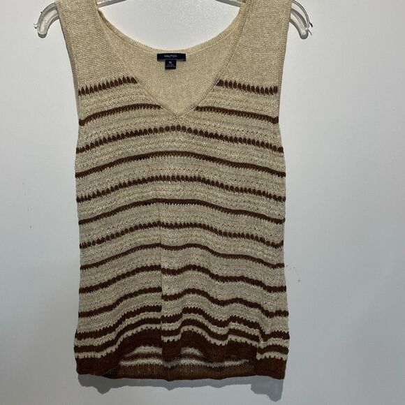 Nautica Women's Tan Brown Stripe V-Neck Linen Blend Knit Tank Top Size XL - Picture 1 of 10